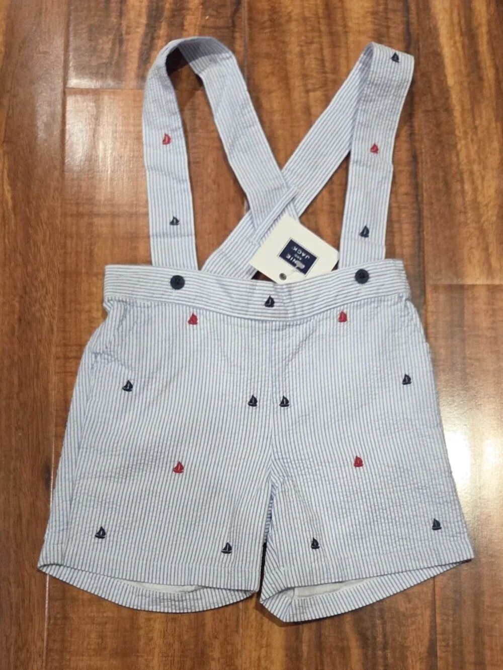 Janie and Jack NWT 6-12 Months Navy Seersucker Sailboat Suspender Shortalls